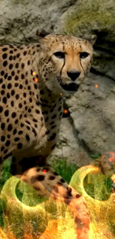 Cheetah amidst flames in a dynamic, nature-themed mobile wallpaper.