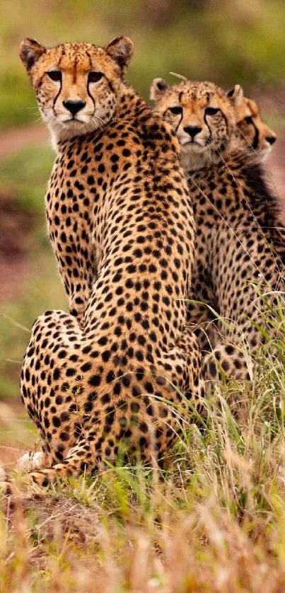 Two cheetahs sitting in a vibrant savannah landscape.