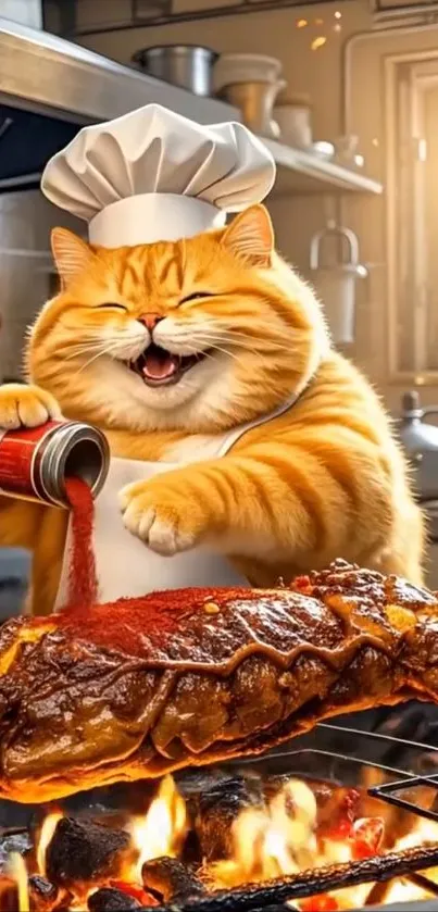 A joyful chef cat seasons a roast in a cozy kitchen.