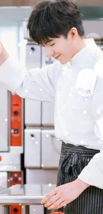 Chef in a modern kitchen preparing colorful ingredients.