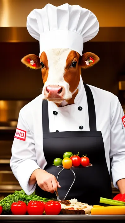 Cow dressed as a chef with vegetables in a kitchen setting.