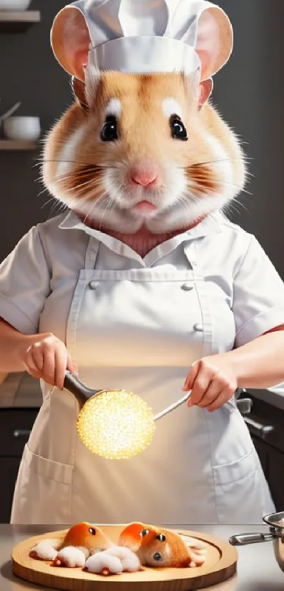 Hamster dressed as a chef in a light brown kitchen setting, cooking creatively.