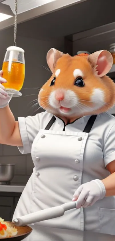 Cute hamster dressed as a chef in a stylish kitchen setting.