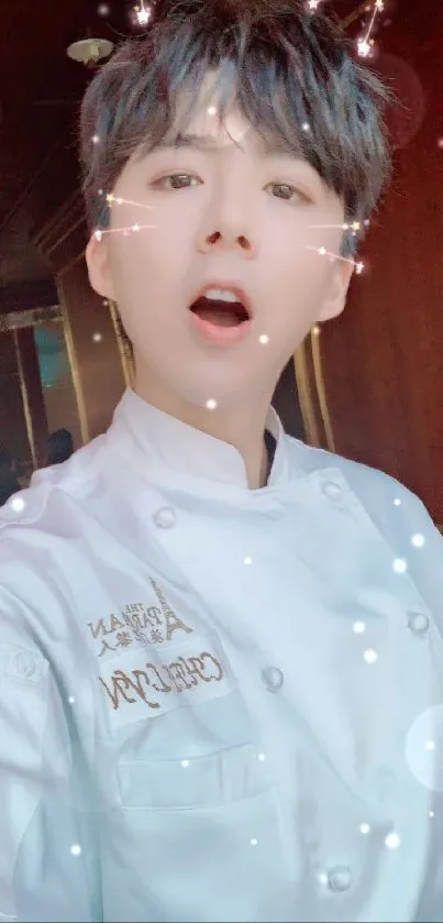 Young chef smiles with cat filter, adds fun vibe.