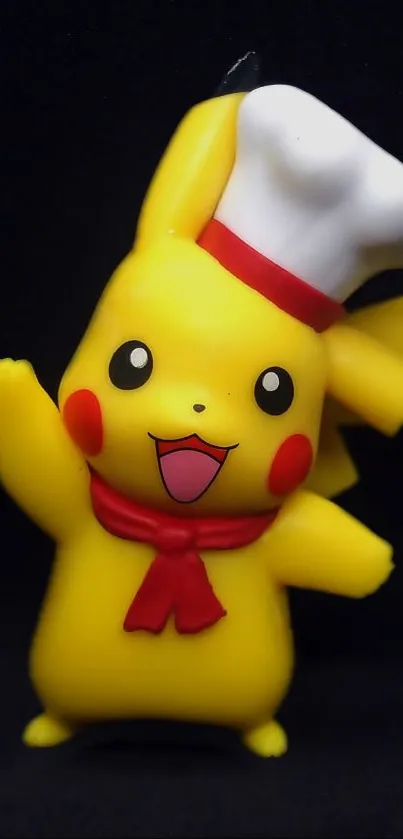 Pikachu wearing a chef hat on black background.