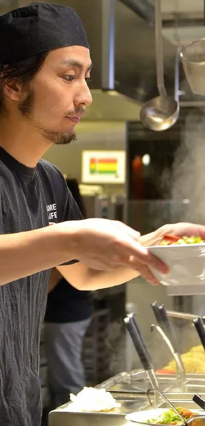 Chef preparing food in a steamy kitchen setting.