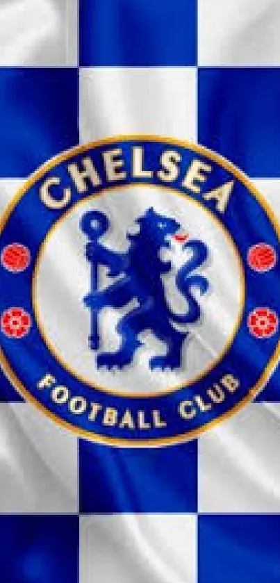 Chelsea FC badge on blue and white checkered background.