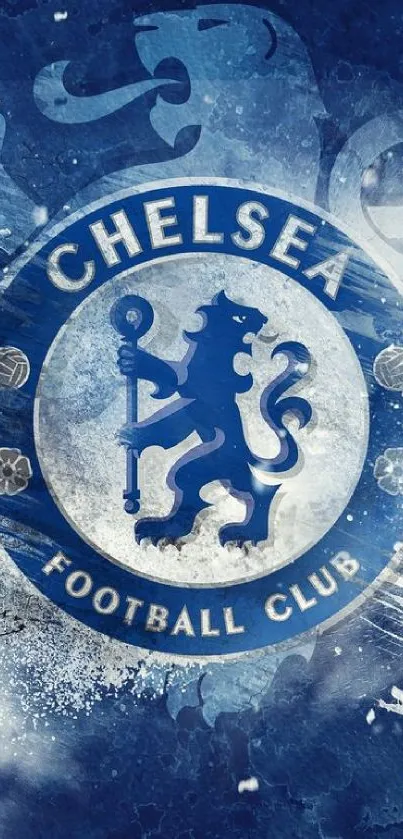 Chelsea FC logo in vibrant blue on mobile wallpaper.