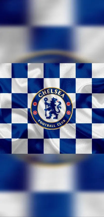 Chelsea FC flag with blue and white checkered pattern.