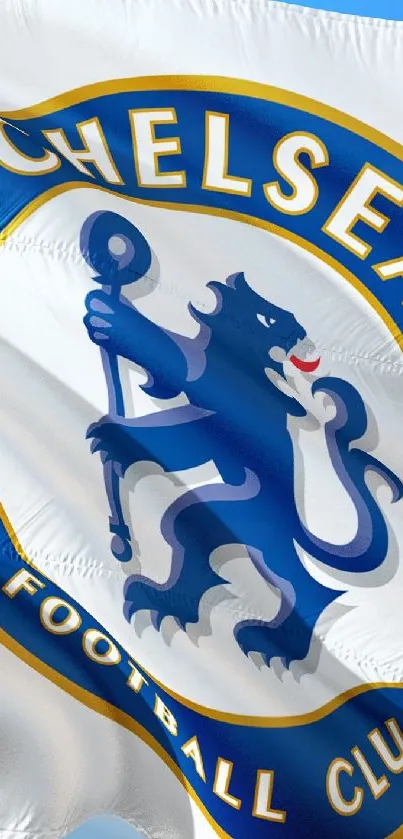 Chelsea FC flag with blue lion emblem waving in the sky.