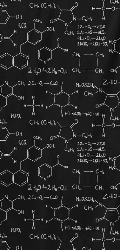 Black wallpaper with chemical formulas on it.