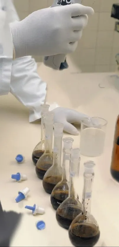 Scientist pouring liquid in chemistry lab with beakers and bottles.