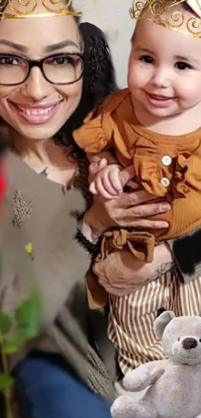 Heartwarming moment of mother and child with teddy bear.