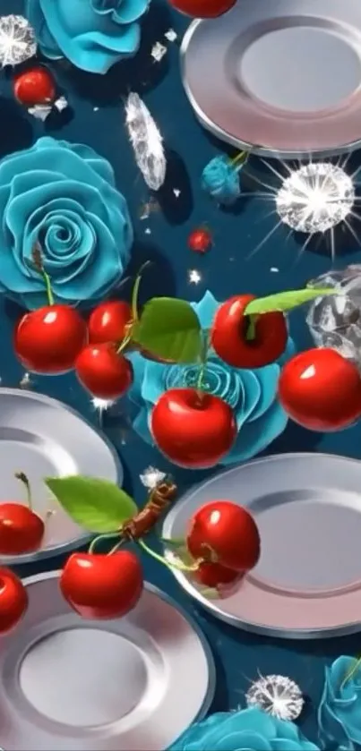 Vibrant phone wallpaper with cherries and blue roses on a patterned background.