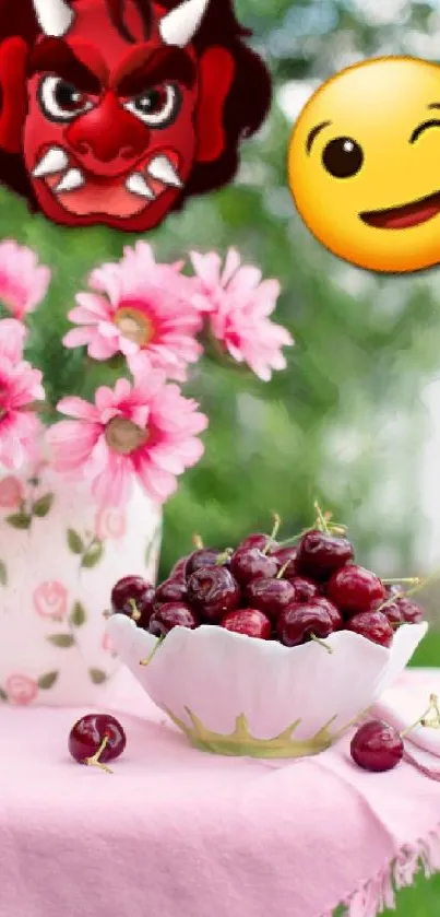 Fresh cherries and emojis on pink themed background with flowers.