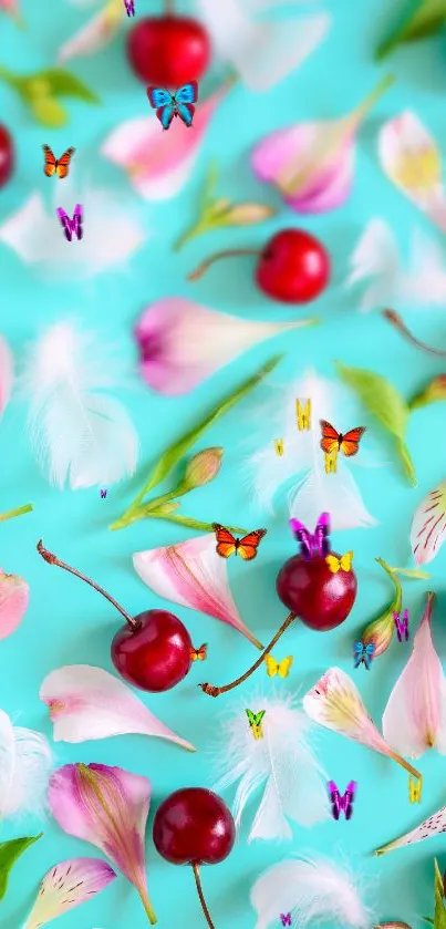 Turquoise wallpaper with cherries, petals, and feathers.