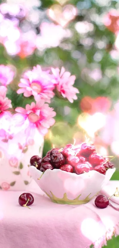 A vibrant pink-themed wallpaper with cherries and flowers.