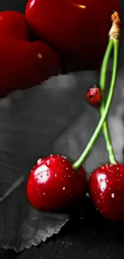 Red cherries and a ladybug on a leaf background.