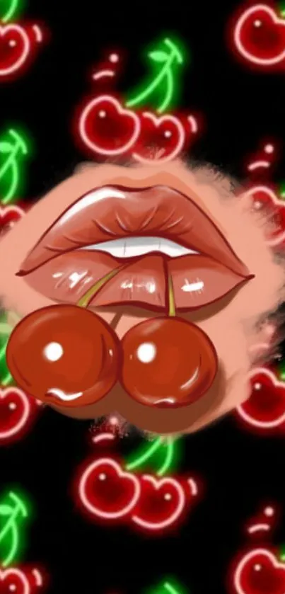 Wallpaper with glossy lips and neon cherries on a dark background.