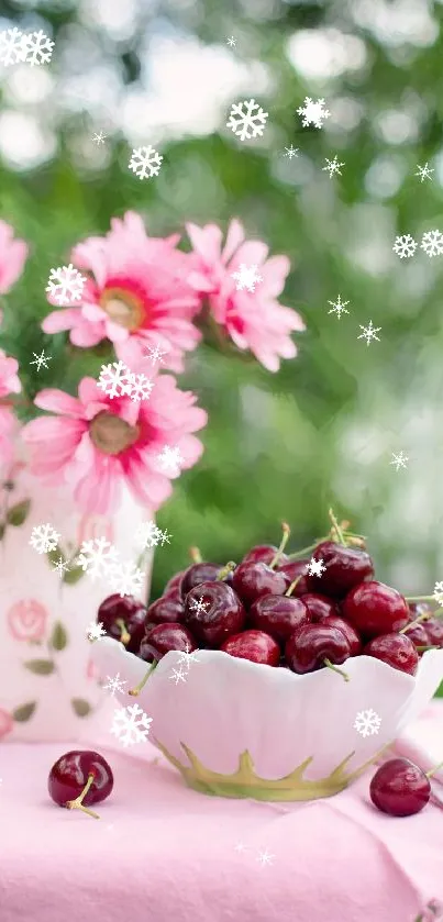 Mobile wallpaper with pink flowers and cherries in a decorative setting.