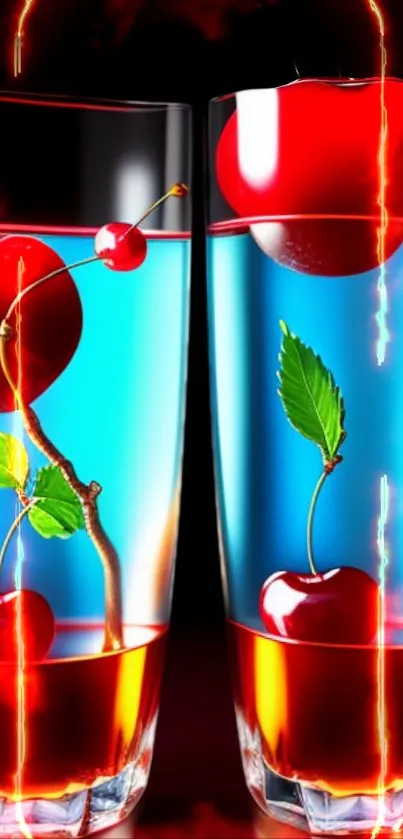 Vibrant wallpaper with cherries in glass.