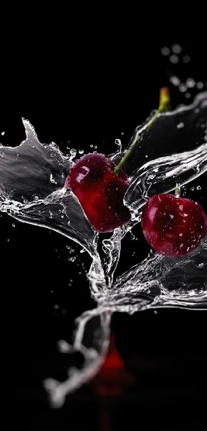 Dynamic cherry splash on black wallpaper.