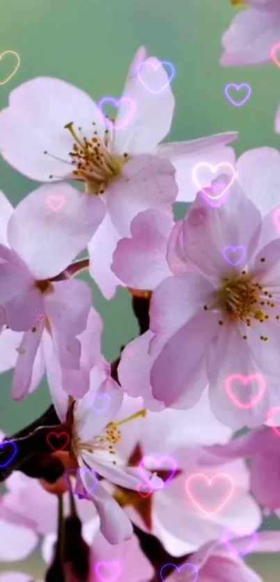 Cherry blossoms with pastel hearts overlay in soft pink tones.