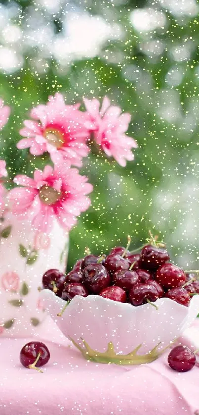 Cherry blossoms and cherries mobile wallpaper with pink flowers.