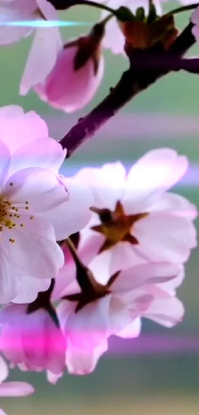 Serene cherry blossom wallpaper with pink flowers and a soft, dreamy glow.