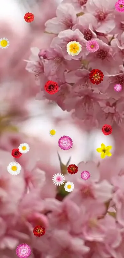 Cherry blossoms with daisies on a pink floral background.