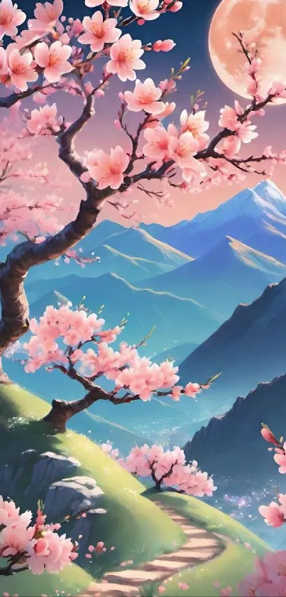 Cherry blossoms under full moon with mountains in background.