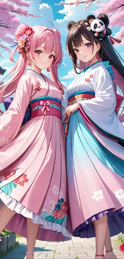 Anime girls in traditional dresses with cherry blossoms.