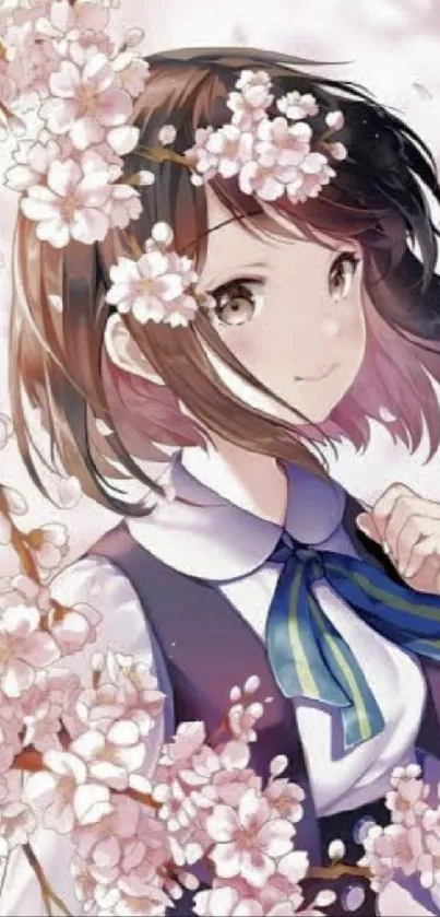 Anime girl with cherry blossom on pastel background.