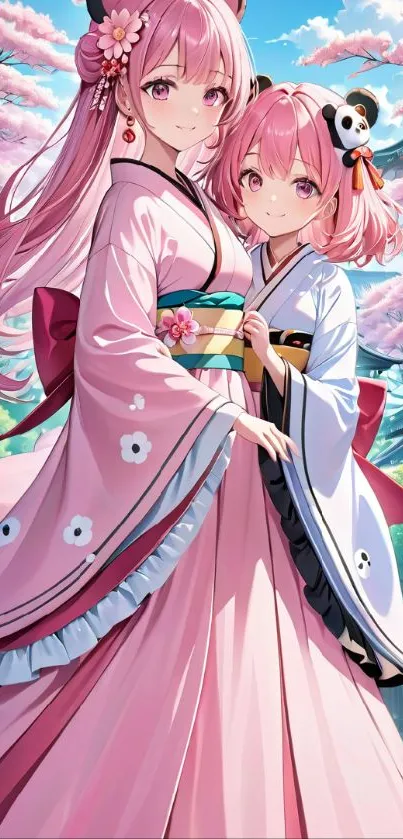 Anime art with two characters in pink kimonos under cherry blossoms.