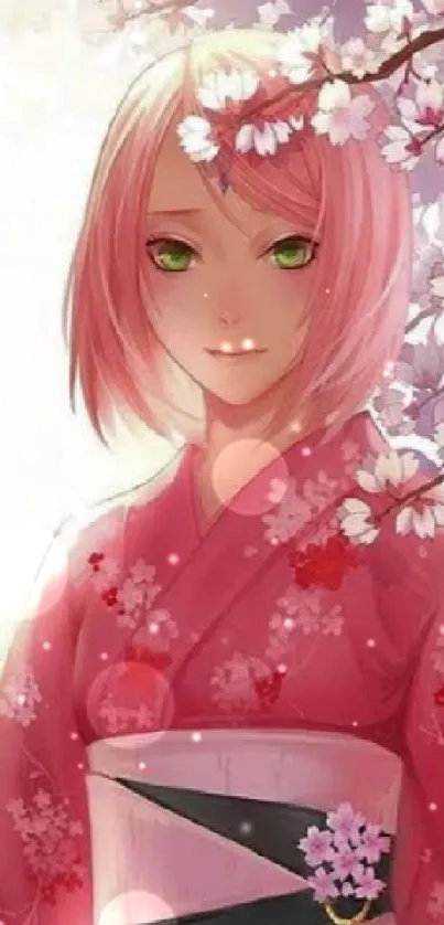 Anime girl in pink kimono among cherry blossoms.