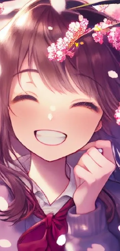 Anime girl smiling under cherry blossoms with pink petals.