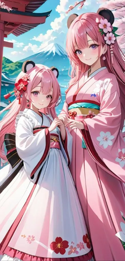 Anime scene with characters in pink kimonos amid cherry blossoms and a mountain view.