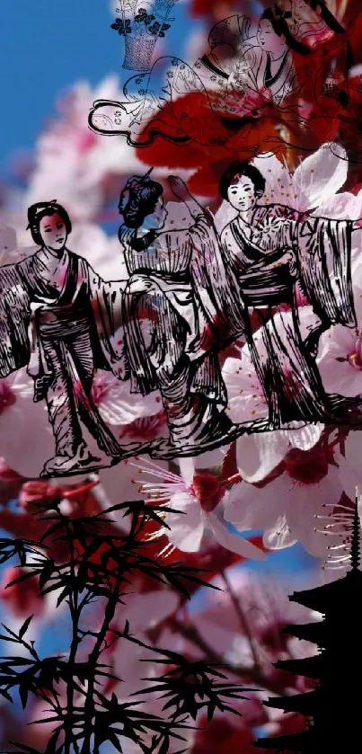 Illustrated geisha and cherry blossoms create a unique phone wallpaper.