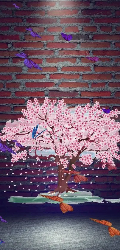 Cherry blossom tree with butterflies on brick wall.