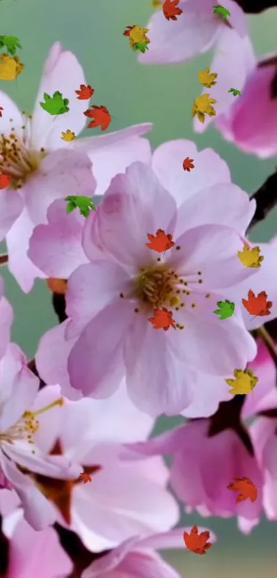 Pink cherry blossoms with autumn leaves design