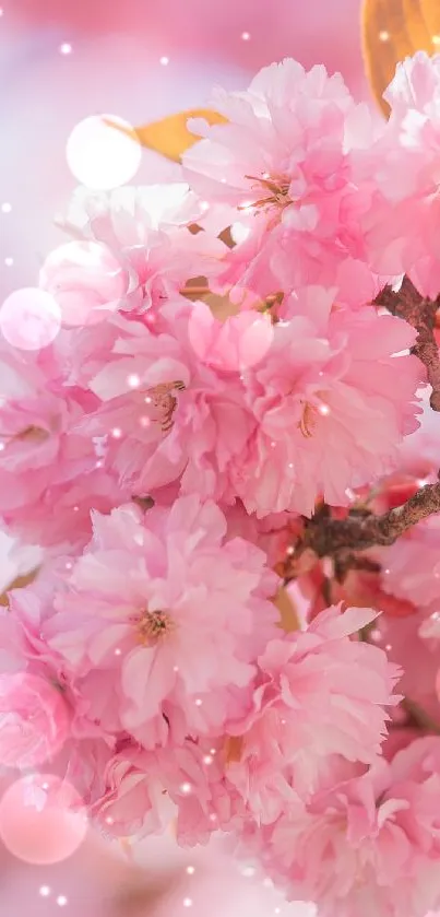 Vibrant pink cherry blossom in full bloom on a branch.