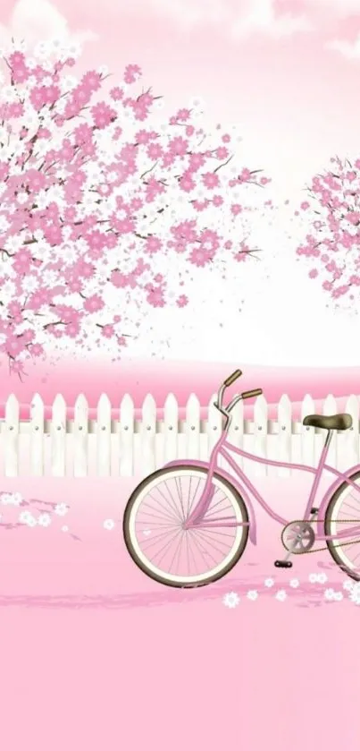 Pink bicycle with cherry blossoms in a serene landscape.