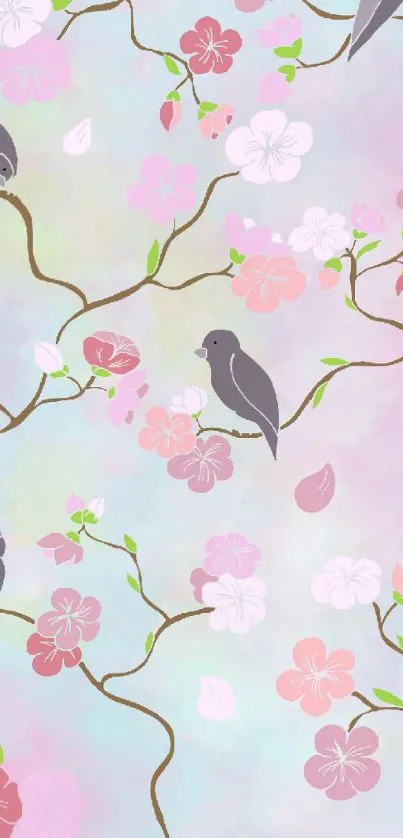 Mobile wallpaper with pastel cherry blossoms and birds on branches.