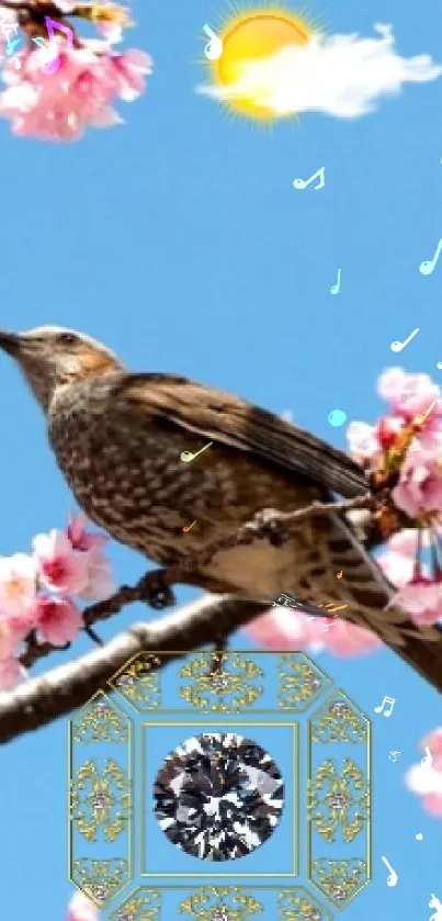 Bird on cherry blossom branch against blue sky.