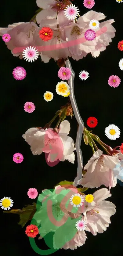 Cherry blossom branch on dark background wallpaper.