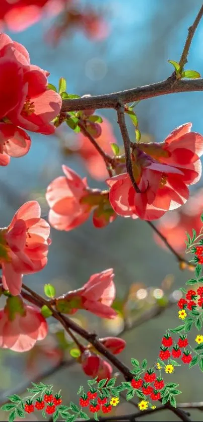 Cherry blossoms on branches with a sky background.