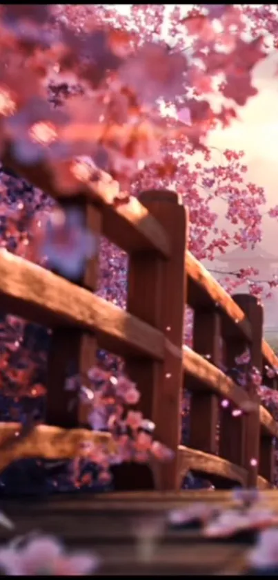 Wooden bridge with cherry blossoms at sunset.