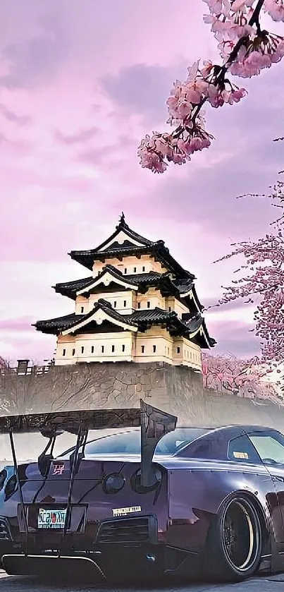 Sleek car under pink cherry blossoms with a Japanese castle backdrop.