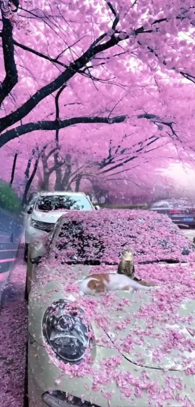 Cherry blossoms covering cars with a cat sitting on one.