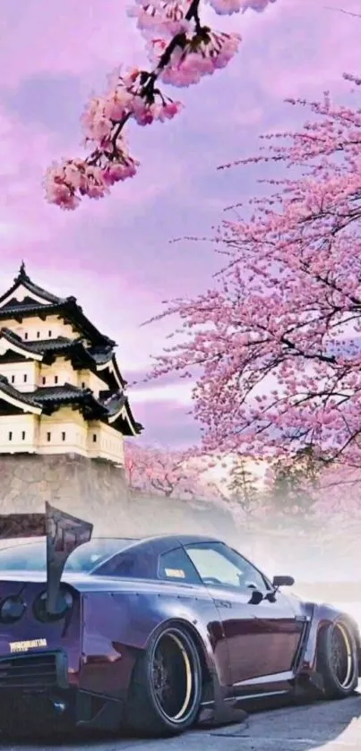 Elegant car under pink cherry blossoms beside Japanese building.